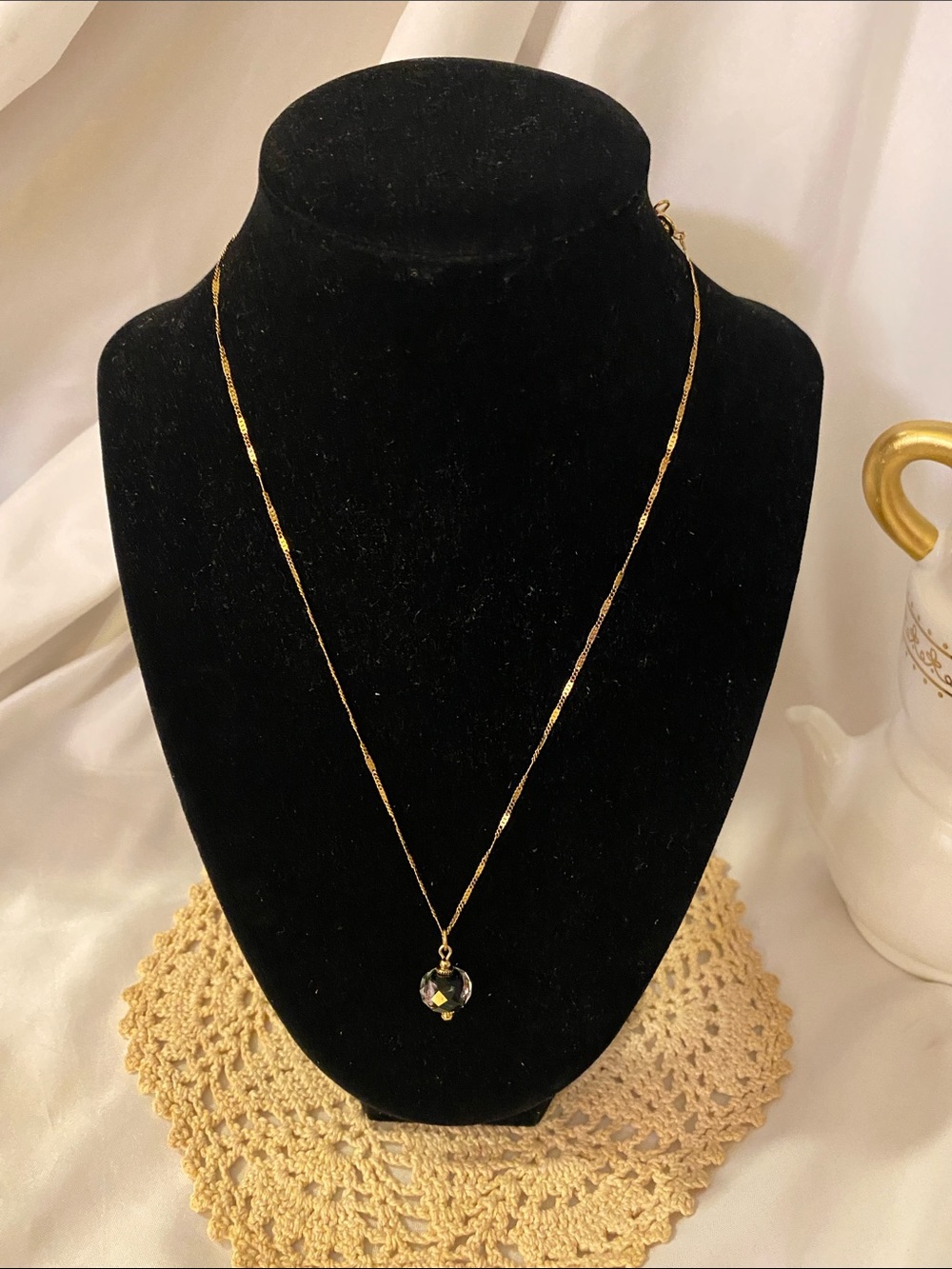 1928 Gold-Tone Chain Necklace with Clear Faceted Crystal Pendant